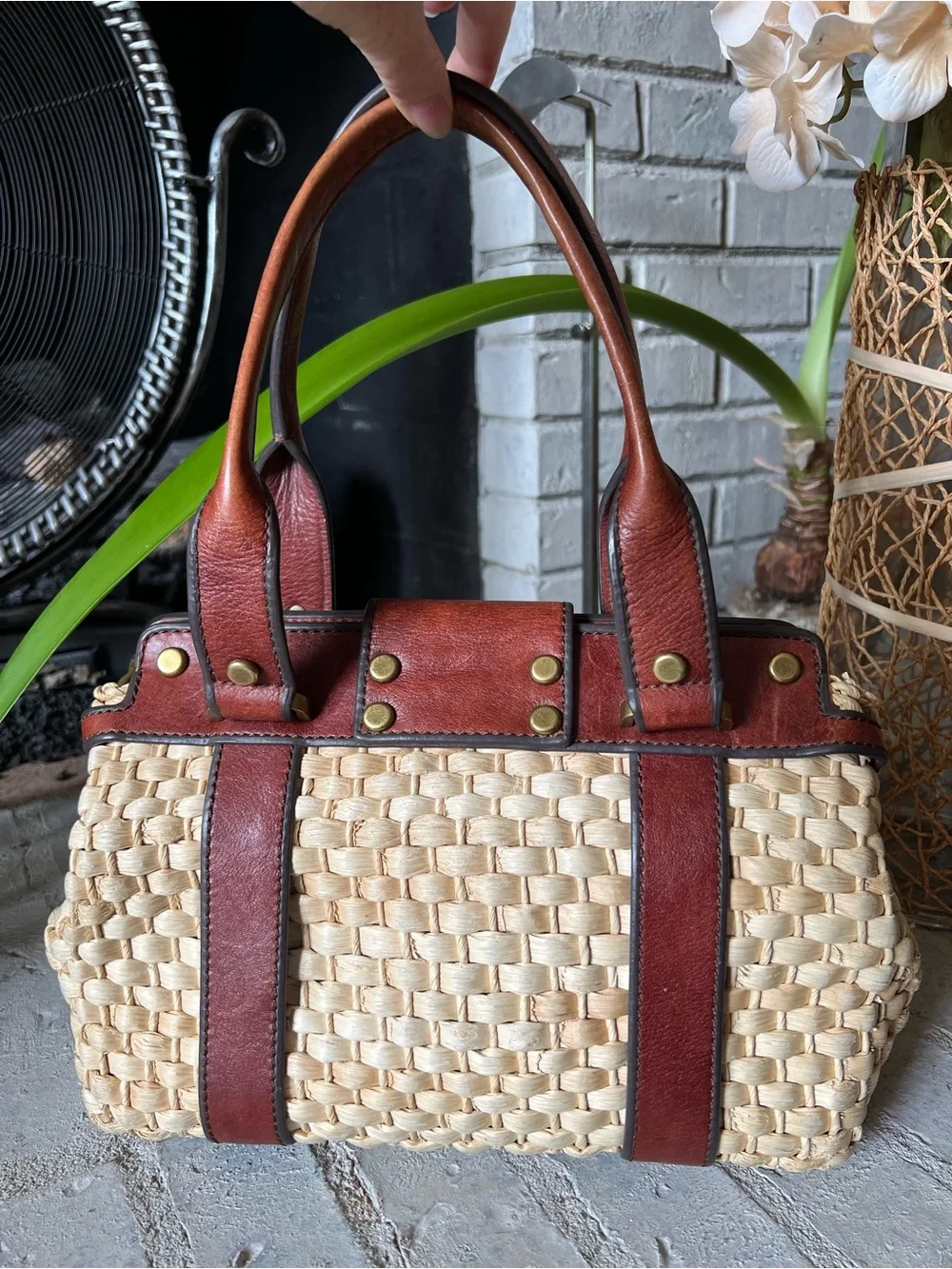 Fossil RARE Vintage Reissue Straw Basketweave Leather Satchel Bag